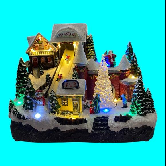 Gerson Alpine Village Christmas Castle Musical Revolving Tree Skiers Lighted - Picture 9 of 11